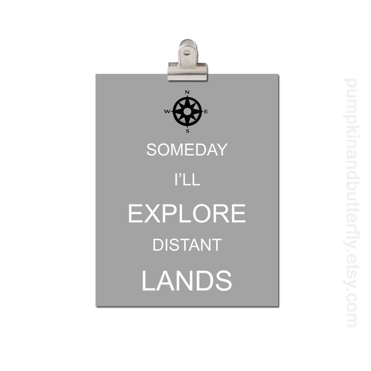Kids Wall Art - Children's Art Print Poster, 8x10 Print, Explore, Compass, Travel, Grey, Gray, Unisex, Someday I'll Explore Distant Lands