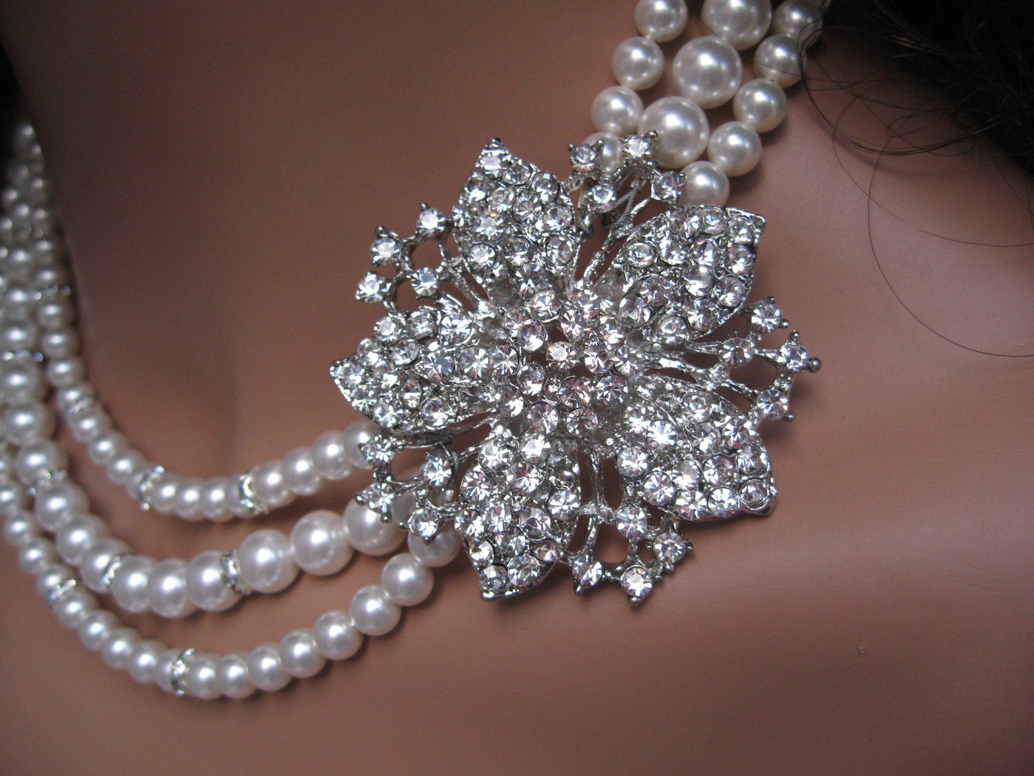 Vintage Style Swarovski Pearl and Crystal Flower Bridal Necklace Triple Strand Pearl Flower Rhinestone Brooch Necklace Bridal Jewelry