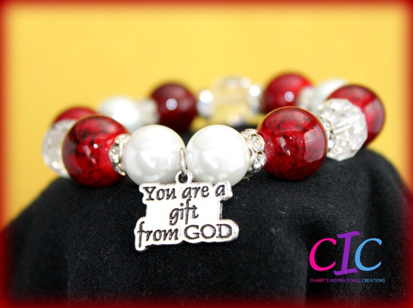 Red and White You are A Gift From God Rhinestone Affirmation bracelet