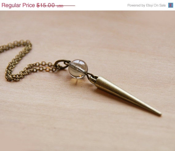 SUMMER SALE Gray Marble Spike Necklace - Fire Polished Silvered Czech Glass Beads & Vintage Brass Chain