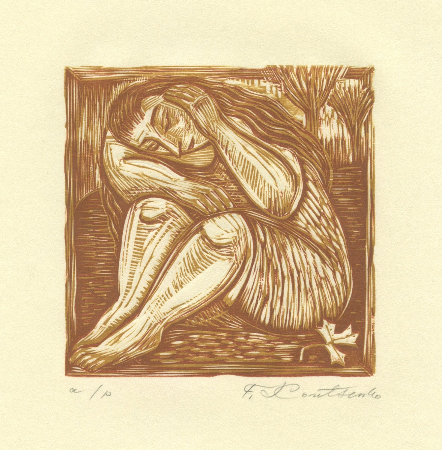 LAST LEAF WOODCUT / autumn / dream / melancholy / reduction woodblock / fall / trees / nature / girl
