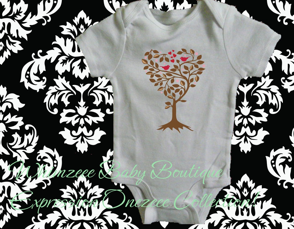 Baby Onesie-Love Birds In A Heart Tree White Onezeee Bodysuit (brown v.) - (You pick the size)- Baby Gift-Baby Shower