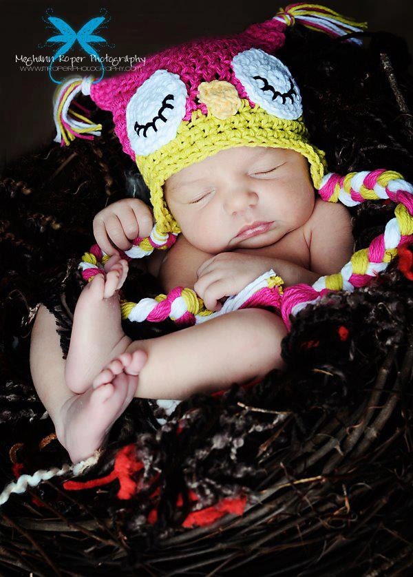 3-6 Months Photography Prop Sleepy Owl Hat- The Original Hot Pink and Green Owl