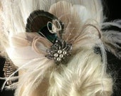 Bridal Feather Fascinator with Brooch, Bridal Fascinator, Feather Fascinator, Fascinator, Bridal Veil, Ivory and Natural Peacock Champagne