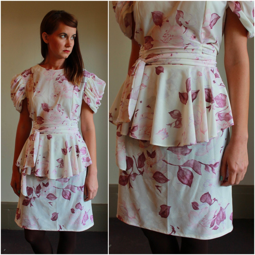 80s Floral Print Peplum Dress  /  Sheer Mini Puff Sleeve Dress  /  Vintage 1980s  /  Large