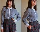 Gingham Plaid Button Down Shirt  /  Black And White Plaid Blouse  /  Cotton With White Collar  /  Preppy Geek Chic  /  Medium M Large L