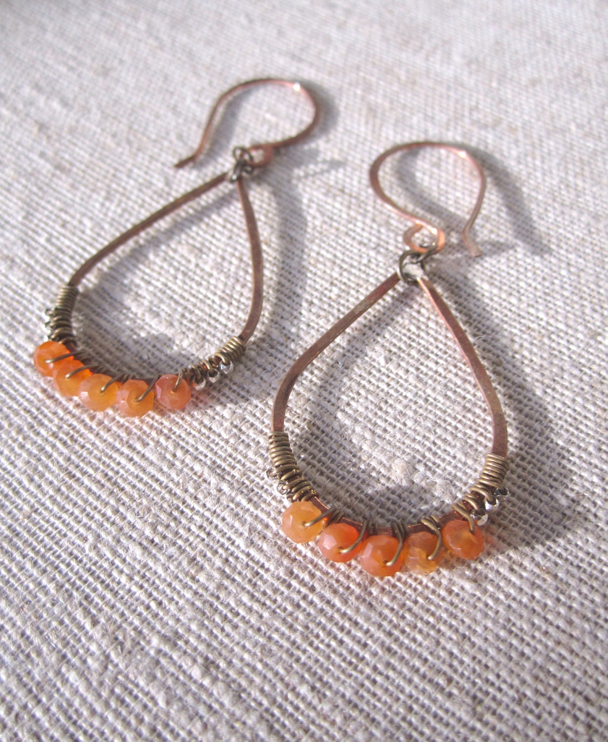Minaret Earrings in Carnelian and French Cut Steel.  Hammered Copper Teardrop earrings.
