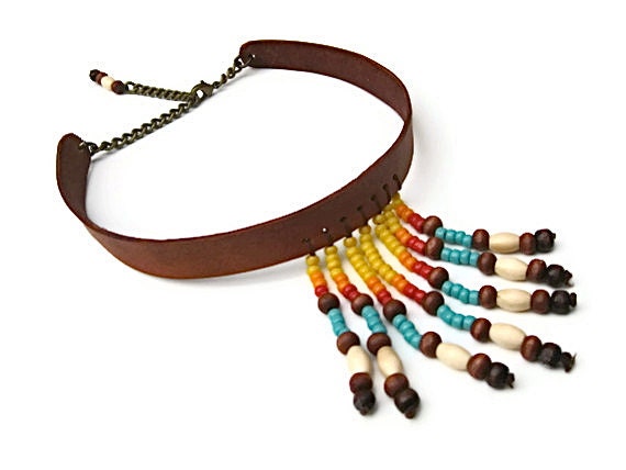 Native American Style Beaded Leather Choker Adjustable