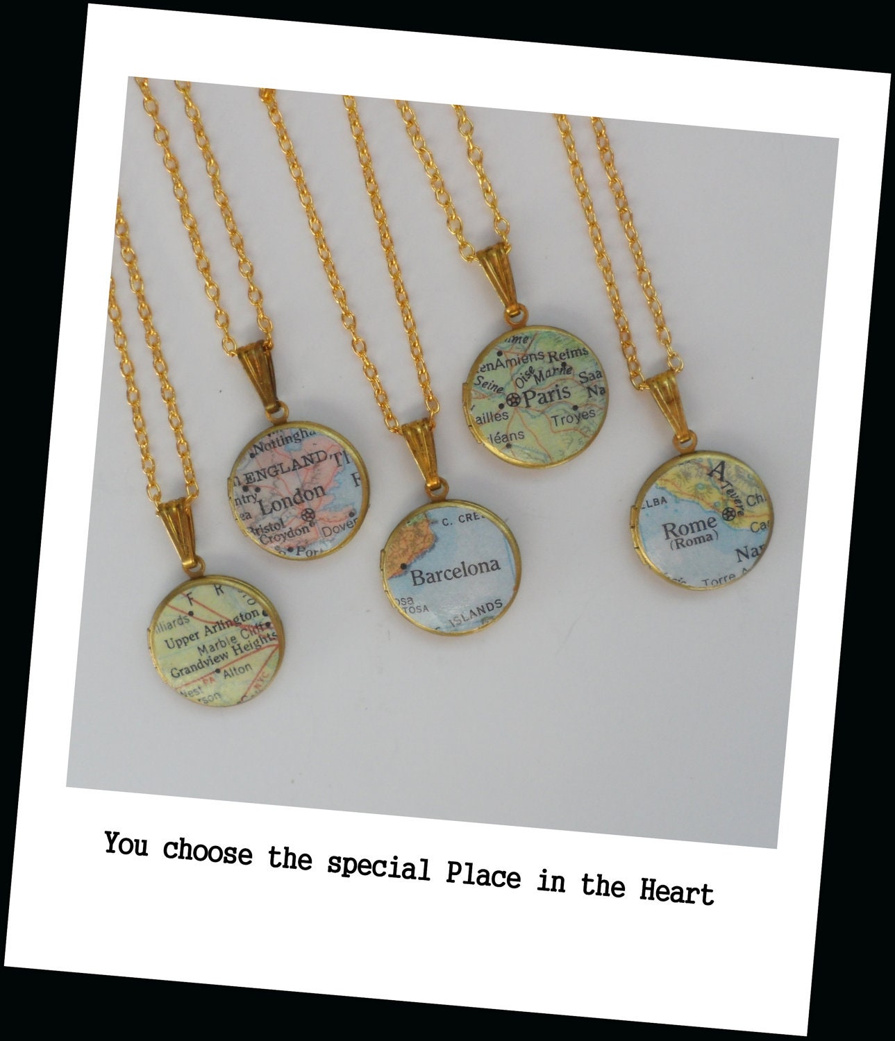 Custom Map Vintage Locket pendant with Gold 17 inch with Chain, U Choose your Special Place in the Heart, Free shipping