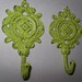 Shabby Chic Iron Hooks / Ornate / Lime Distressed Wall Hook/ Set of 2 / Cast Iron Hook/ Ornate/French Cottage / Shabby Chic Decor