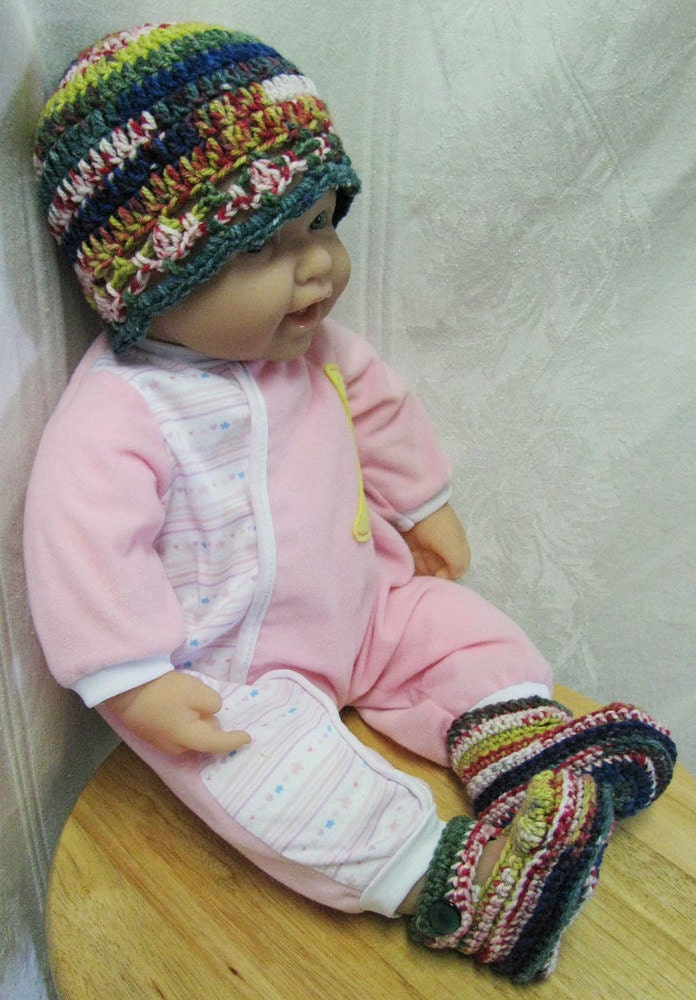 Pretty Variegated Green, Blue, Yellow Baby Hat and Booties - FREE STANDARD SHIPPING