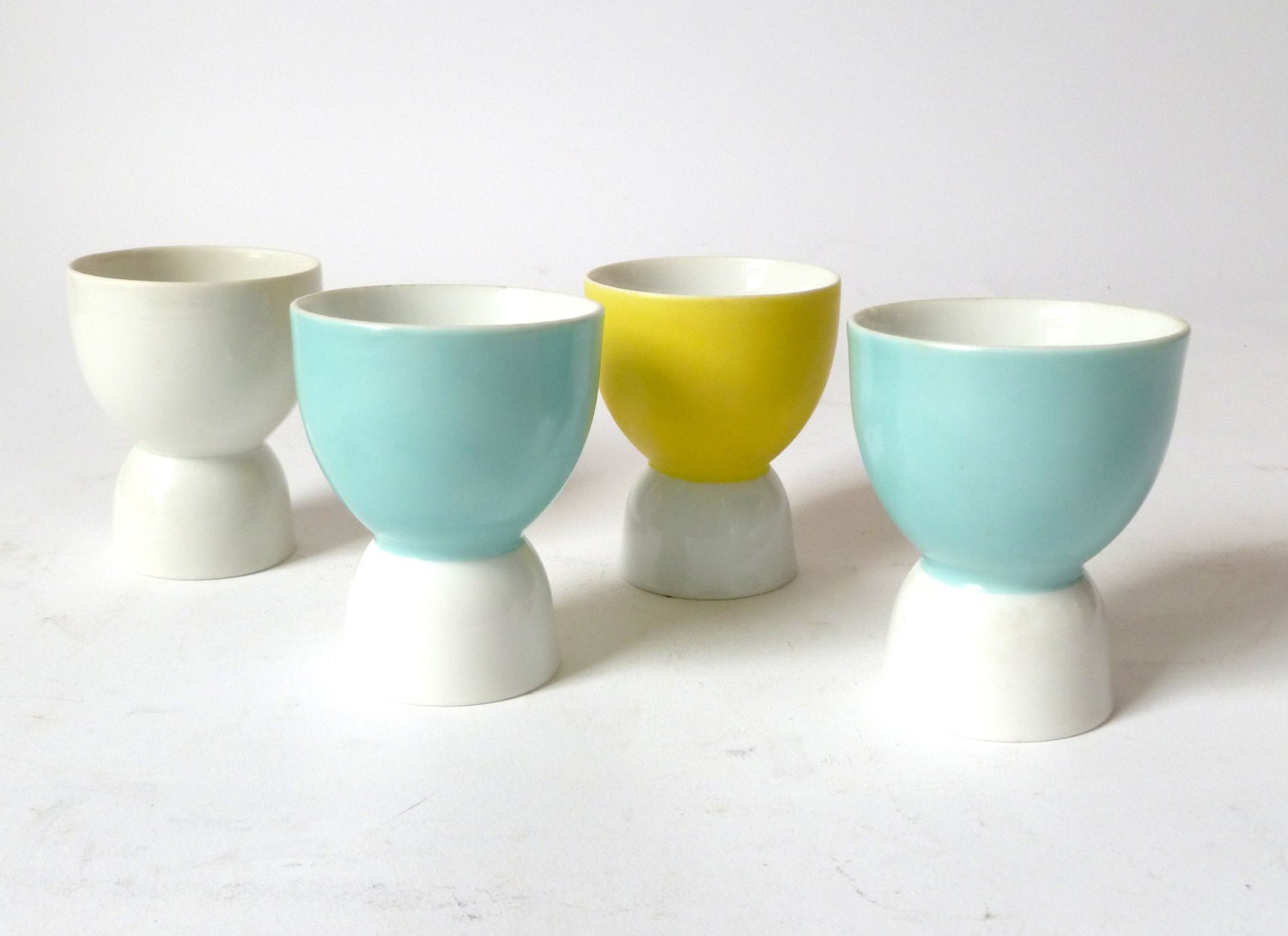 Vintage Porcelain Saki Cups ... Set of 4, Japanese, Made in Japan, Egg Cups, Pastel, Blue and Yellow