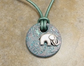 Elephant Necklace Silver Light Blue Turquoise Leather Necklace Artisan Pendant Elephant Jewelry