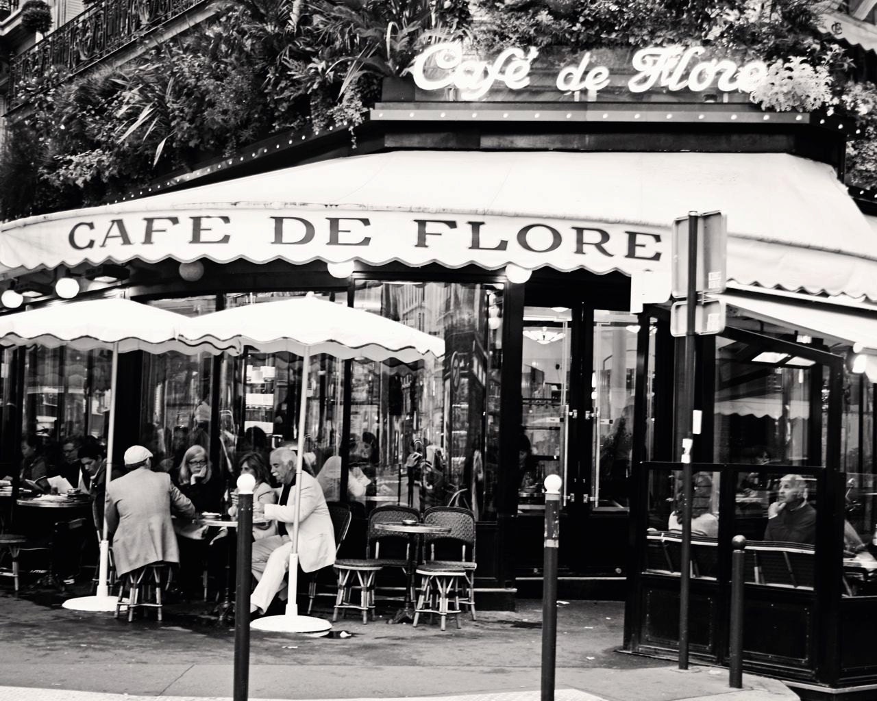 Paris Cafe Photograph - Black and White Photography - Cafe de Flore Print - Parisian Home Decor - Sidewalk Dining in France - Wall Art