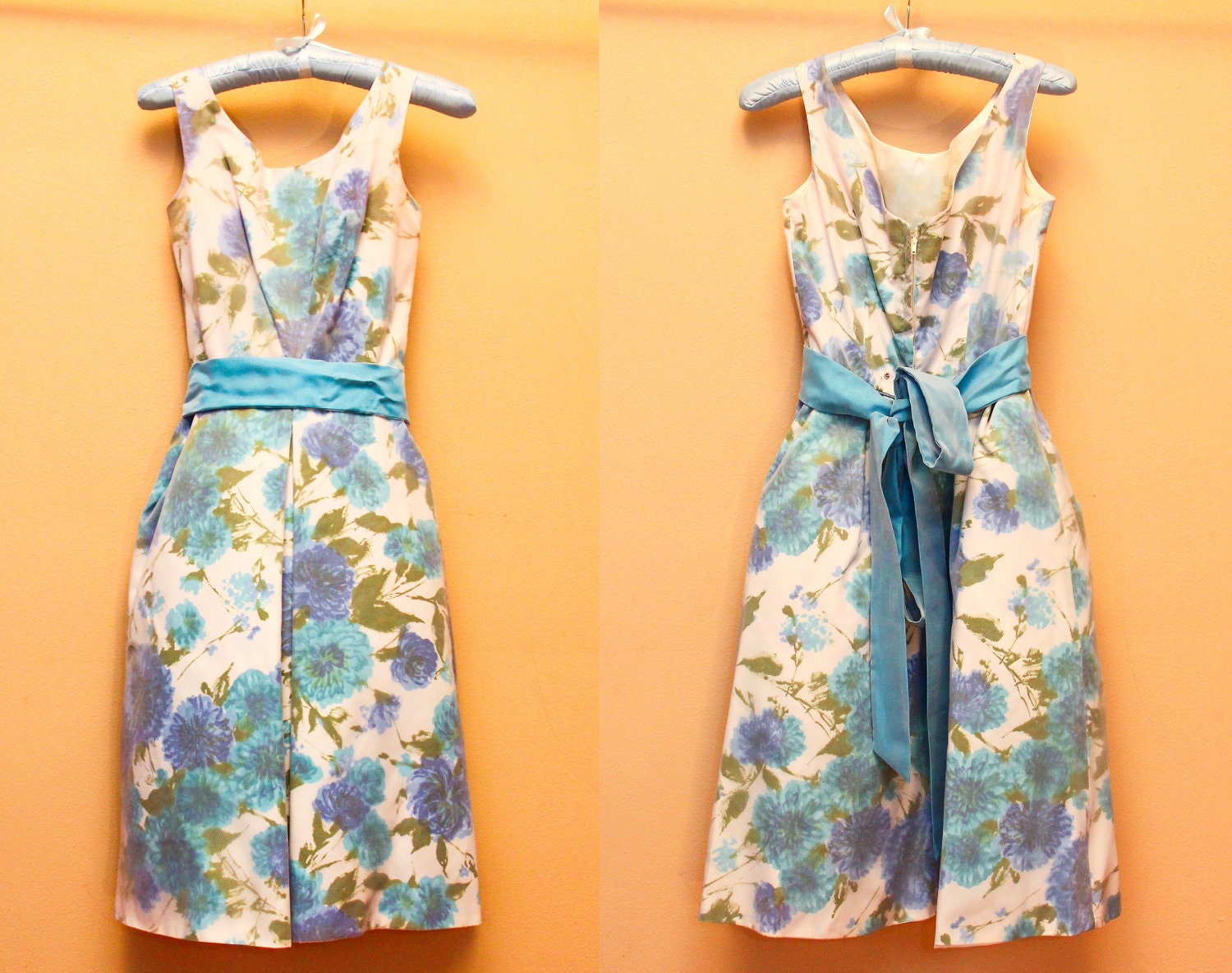Vintage 1960s Dress Blue and Green Printed Flower Dress with Bow Sash - 2401