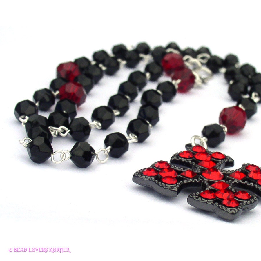 Red and Black Gothic Cross Bead Necklace