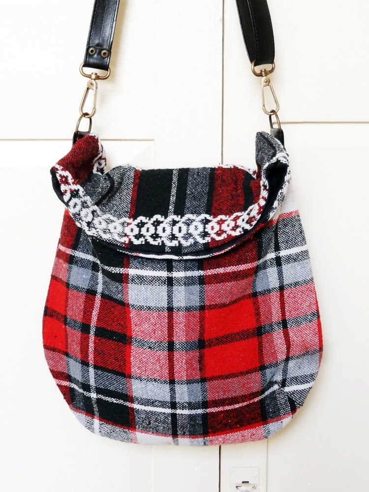 Messenger Bag - Deep Red Black Checked -  2 Pockets - Adjustable Strap - Medium Size in Recycled Fabric