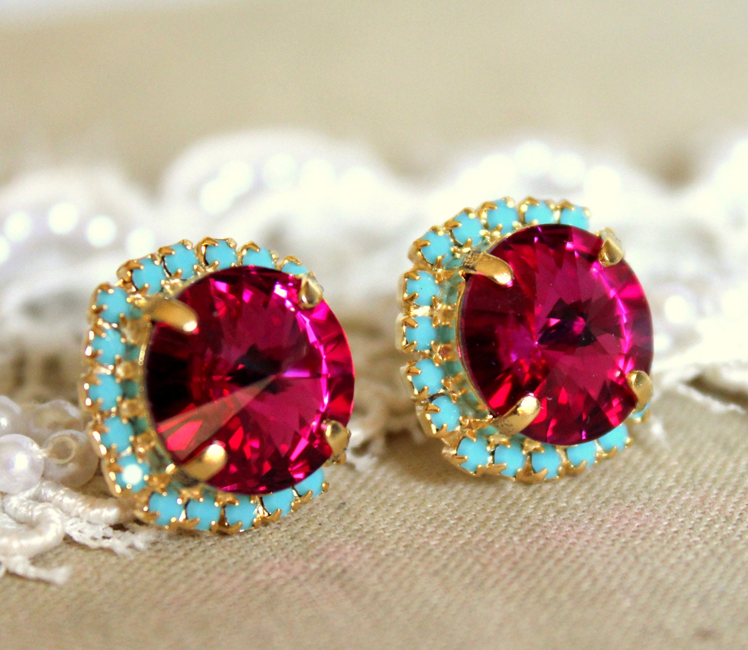 Stud earrings Crystal big pink - 14 k plated gold post earrings real swarovski rhinestones .