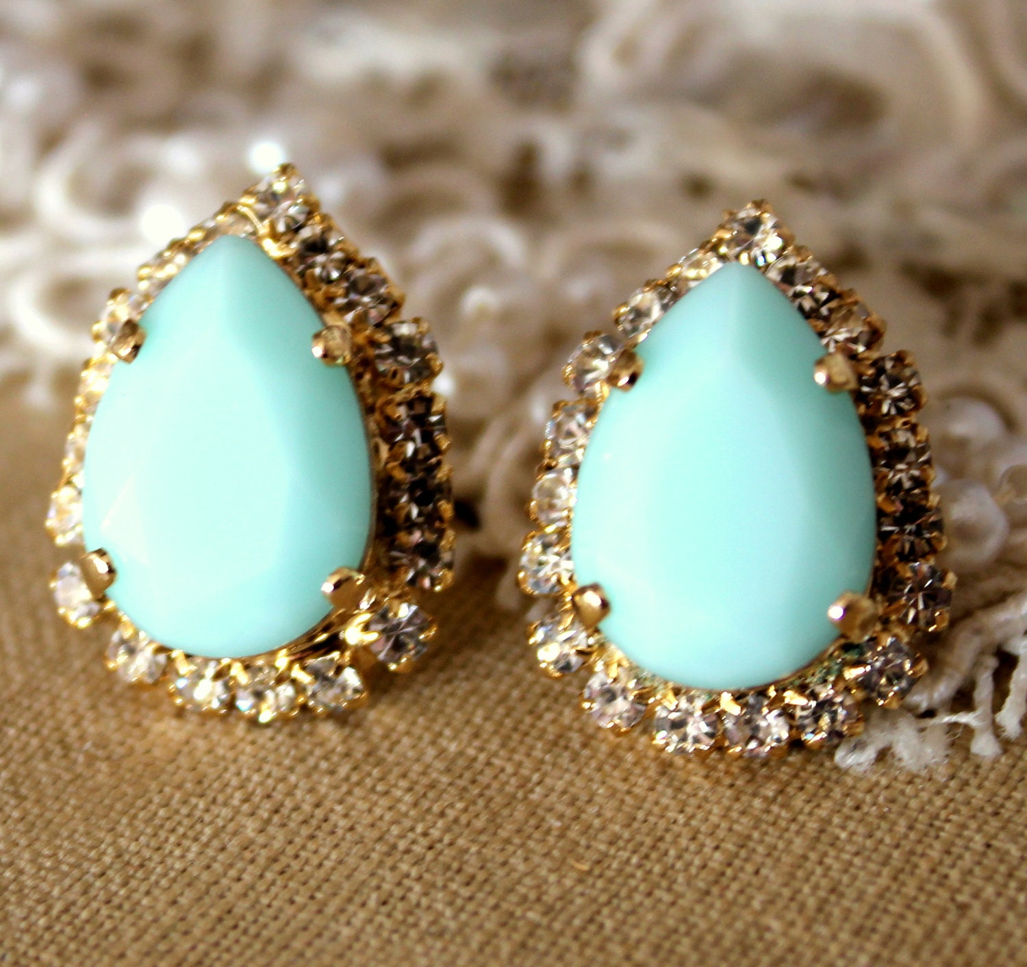 Mint blue seafoam Crystal big teardrop stud earring - 14k plated gold post earrings real mint and swarovski rhinestones.