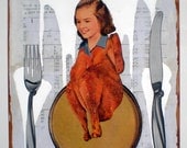 Original Collage Art on Wood (ready to hang, OOAK, mixed media, unique retro home decor made with vintage ephemera) -- Plucked (in the Soup)