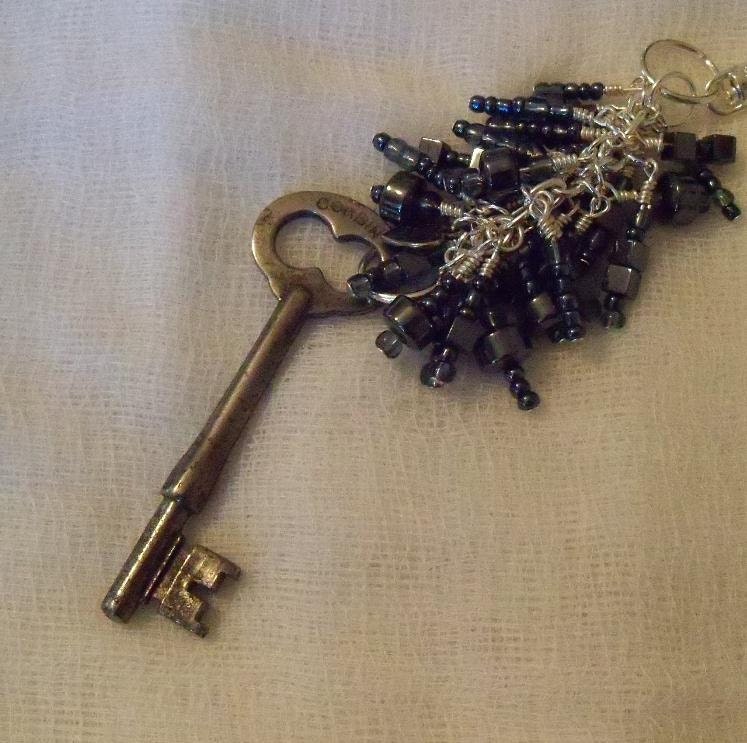 Beaded key chain purse fob Vintage skeleton key