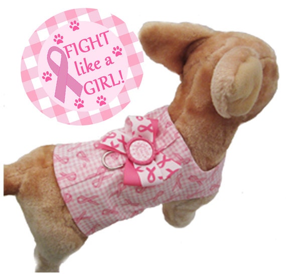 Fight Like a Girl - Dog Harness Vest Custom Made in Pink Ribbon Awareness Fabric, Coordinating Bow and Bottlecap Accent - XXSm, XSm, Sm, Med