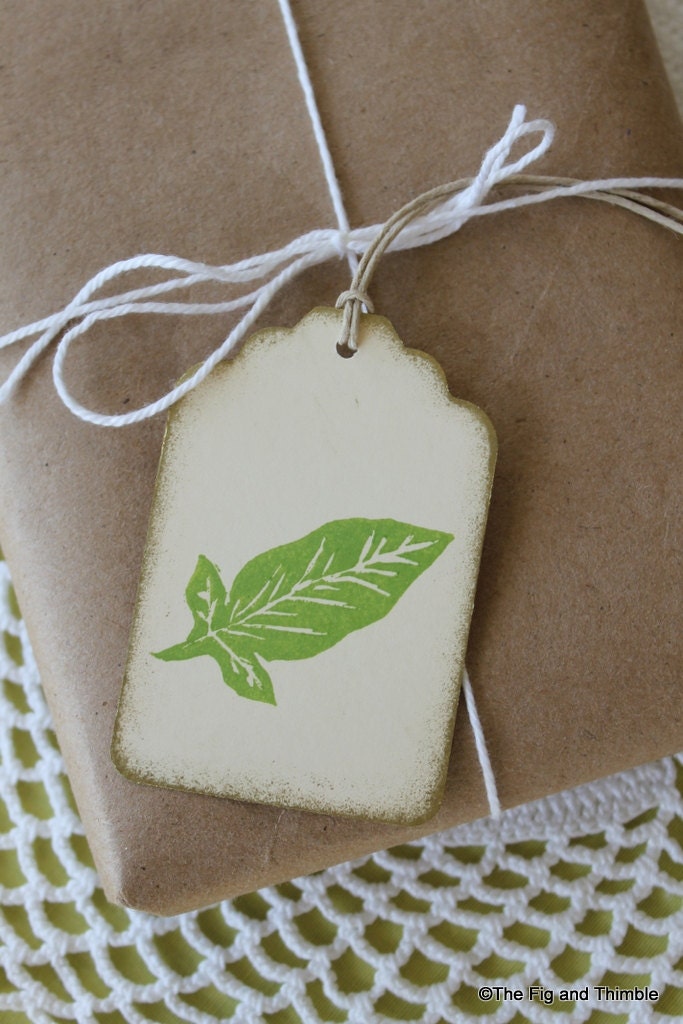 Mallorn Leaf Tags - Handstamped Set of Eight  from hand carved stamp -Hobbit Tolkien Lord of the Rings LOTR