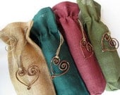 Set of 4 - Rustic Burlap Wine Bags Accented with Rustic Heart Detail - Rustic Wedding, Christmas Decoration, Holiday Decoration