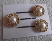 Handmade Bobby Pins Vintage Look Gold & Pearl Craft Buttons 3