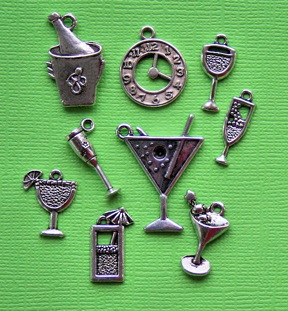 Happy Hour Charm Collection Antique Tibetan Silver Tone 10 Different Charms - COL145