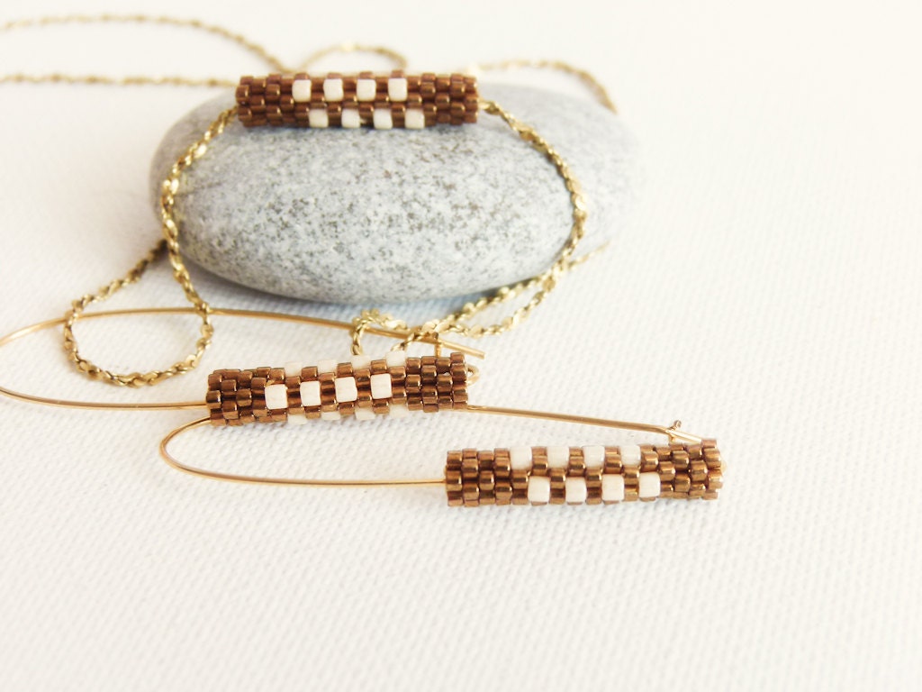 Minimalist modern jewelry set - seed beads long earrings and pendant necklace. Metallic bronze  cream