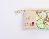 bright floral wedding clutch, personalized with initial, unique bridesmaid gift, mint green, pink, letter L, MADE to ORDER
