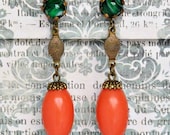 Vintage Dangle Earrings ... Green And Orange Glass Clipon
