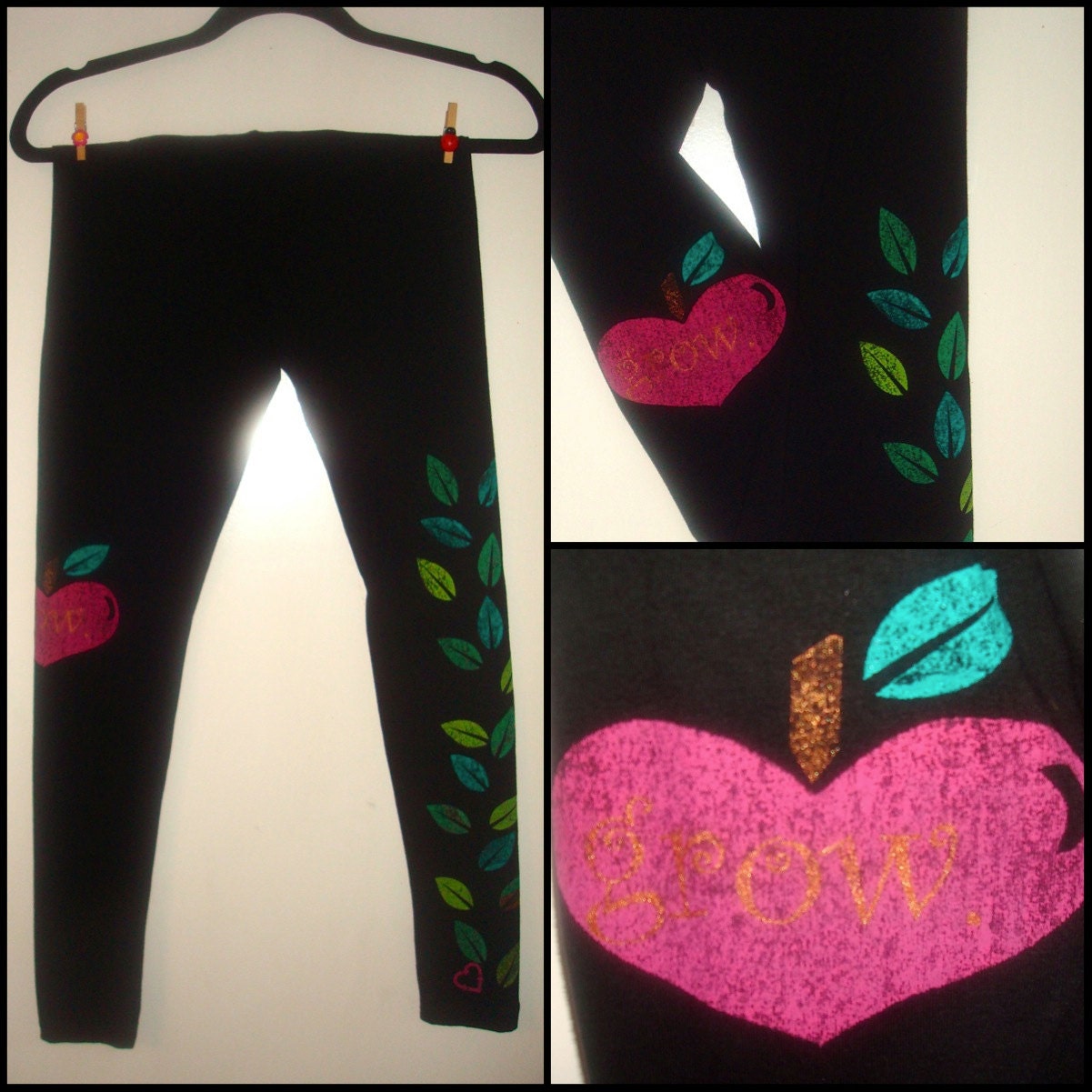 Cotton Spandex Leggings - Hand Printed - Apple Tree Size: M