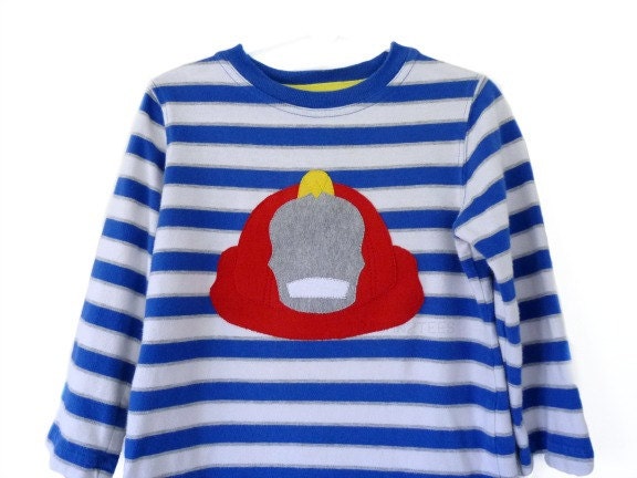 Fire Helmet Applique Striped Boys Shirt 3t by TrashN2Tees