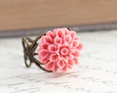 Pink Ring, Coral Blush Flower, Dahlia, Chrysanthemum, Adjustable Filigree Ring, Spring Accessories, Bridesmaids Jewelry