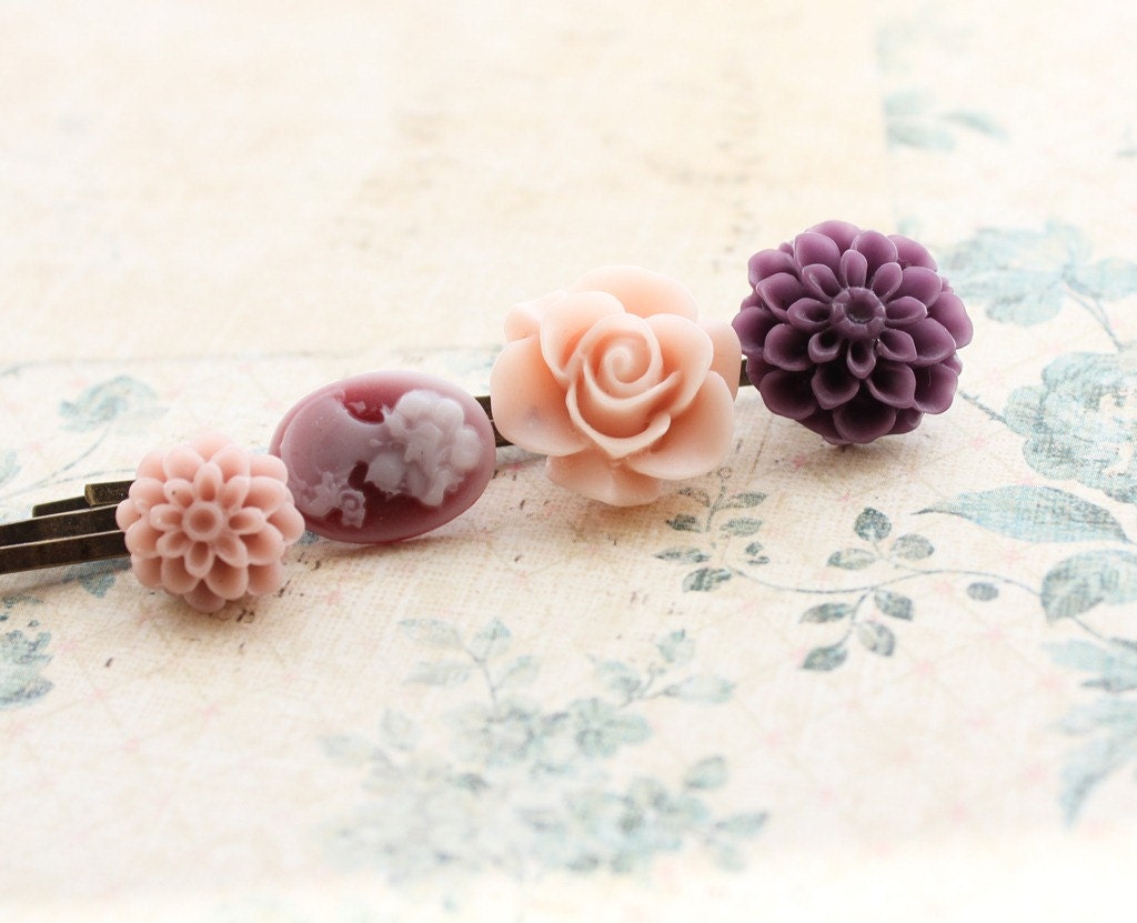 Flower Bobby Pins, Floral Hair Clips, Hair Accessories, Pink Rose, Purple Dahlia, Chrysanthemum, Rose Smoke, Cameo Camee, Flowers for hair