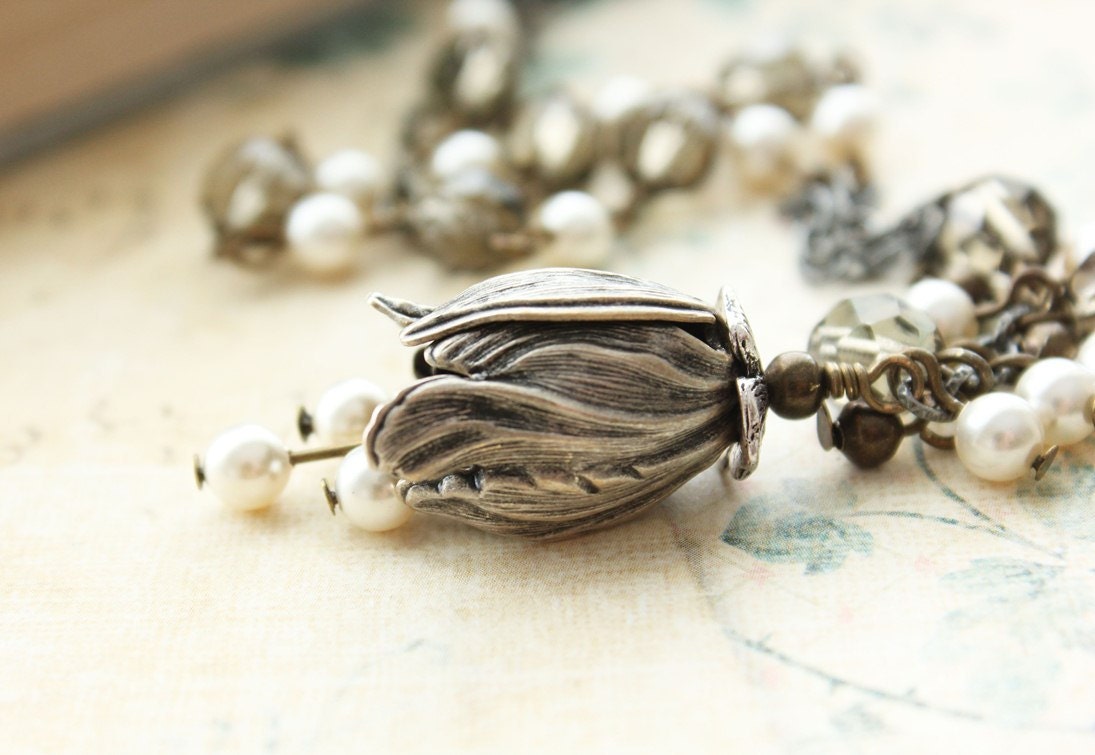 Silver Flower Necklace Pearl Drops Statement Floral Jewelry Tulip Pendant Antique Silver Pendant, Long, Smokey Grey, Glass Beads, Nature