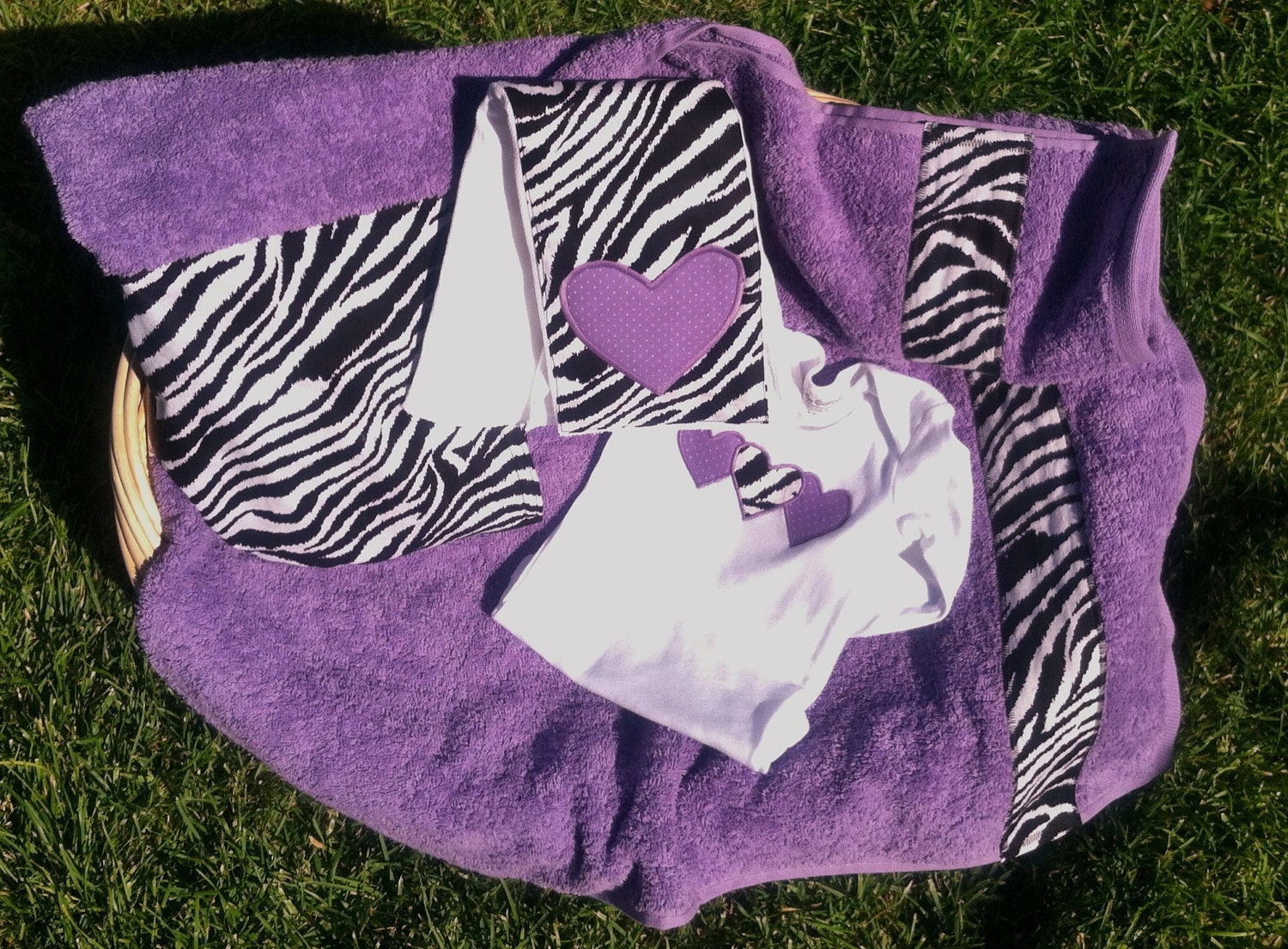 Purple Zebra Baby Girl Gift Set - Infant Girl - Hearts - Hooded Towel, Burp Cloth, Onesie