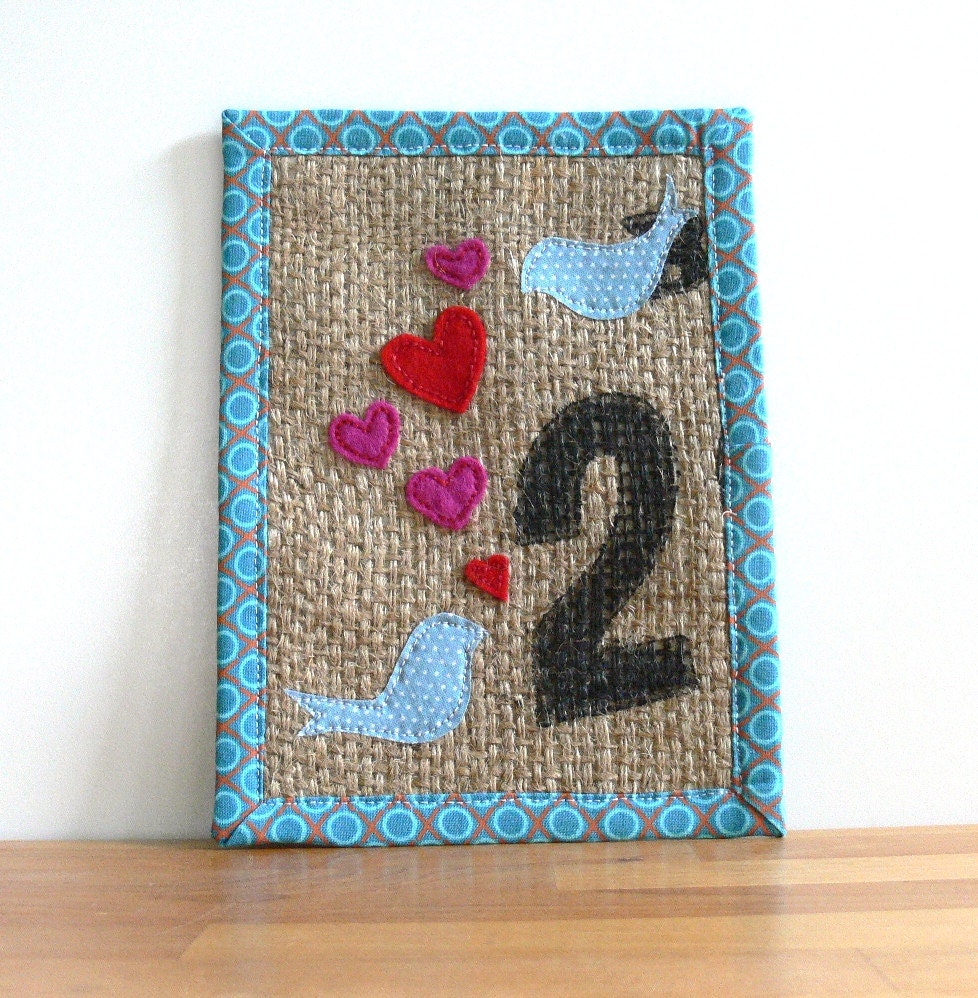 Upcycled Burlap Art -- Lovey-Dovey -- 2 Birds