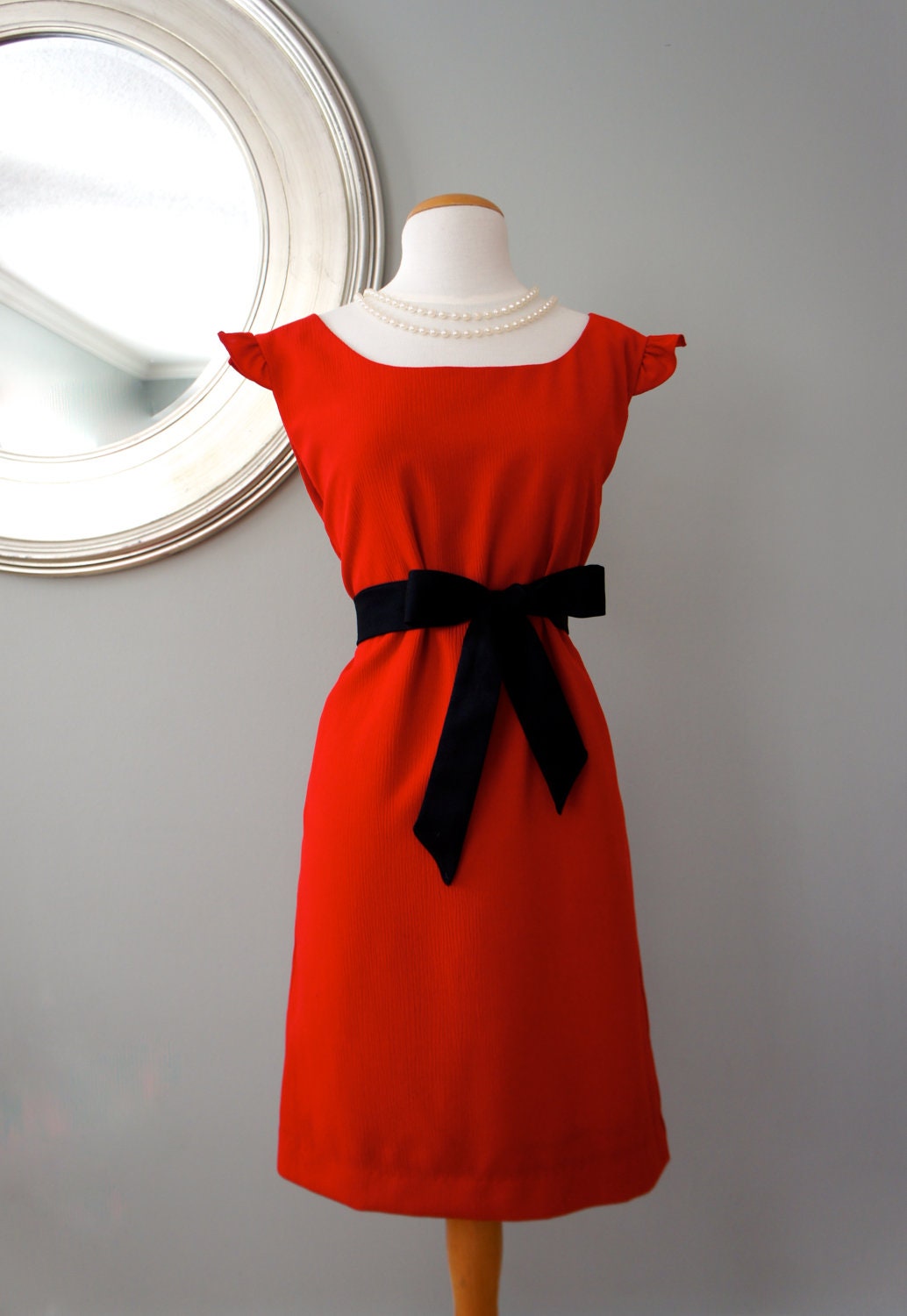 Classic Audrey Hepburn Style Dress - Woman's Red Dress with Black Bow Belt - Elegant and Sophisticated Dress