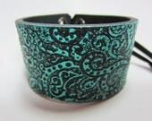 Bohemian Leather Corset Cuff Bracelet Hand Painted Turquoise Blue Black Belt Wristband