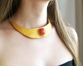 Gold choker necklace Egyptian style bright red stone bib necklace fashion necklace dressy polymer clay necklace one-of-a-kind