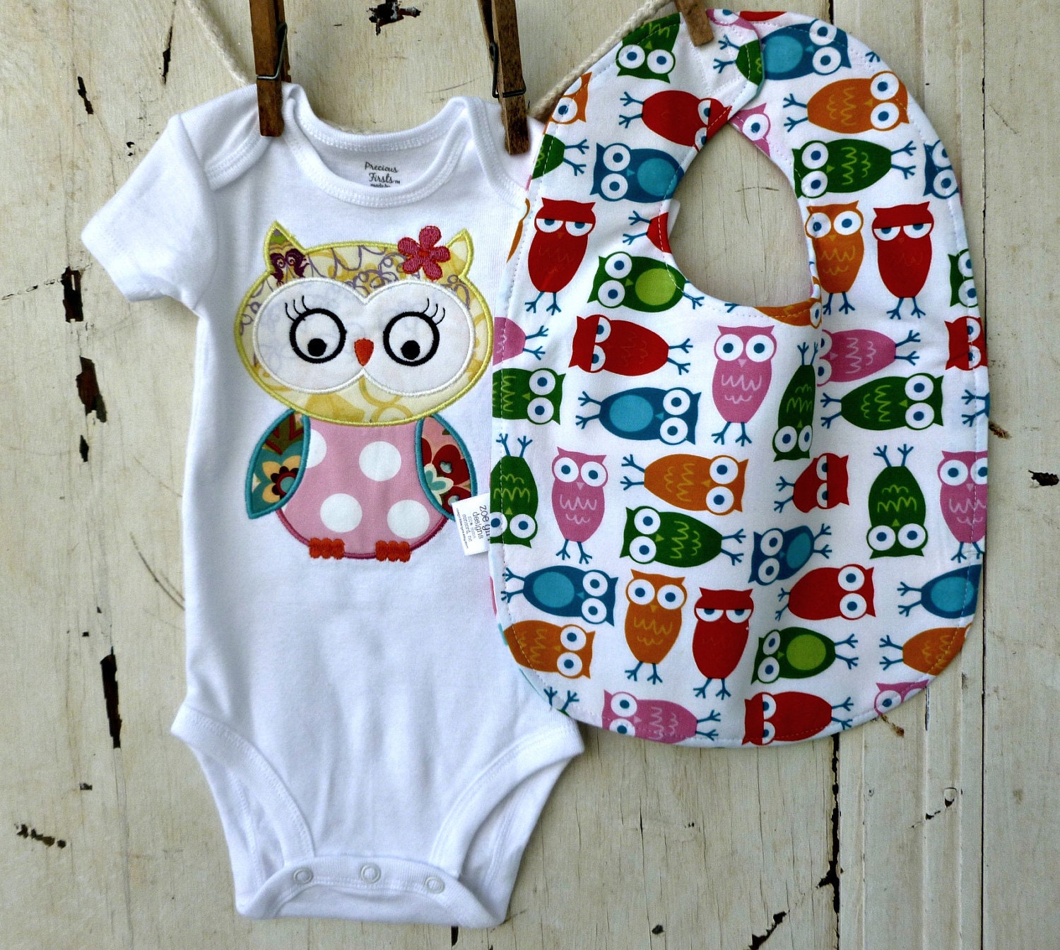 Girls Baby Bib and Onesie Set - Owl Print
