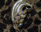 Signed Coro Aurora Borealis Rhinestone Feather Brooch