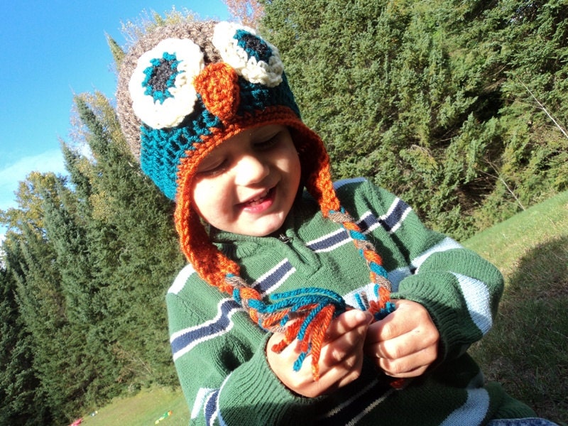 Owl Hat with earflaps- newborn to 18 month sizes- brown, teal and orange
