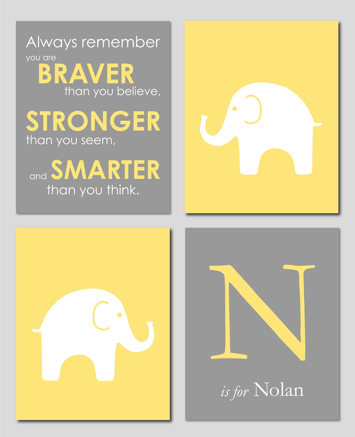 Yellow and Gray Modern Nursery Set - Always Remember You are Braver - Initial/Monogram - Elephant Prints - Set of four 8"x10"s