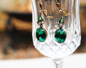 Emerald Rhinestone Drop Earrings - Vintage Style, Formal, Hollywood