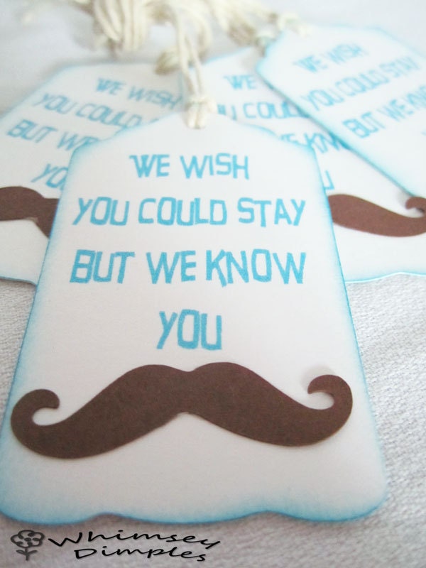 Mustache Favor Tag Must Dash Punny Wedding or Shower Hang Tag Little Mr Light  Blue with Brown or Black Set of 5 TeamScrapbookNinjas