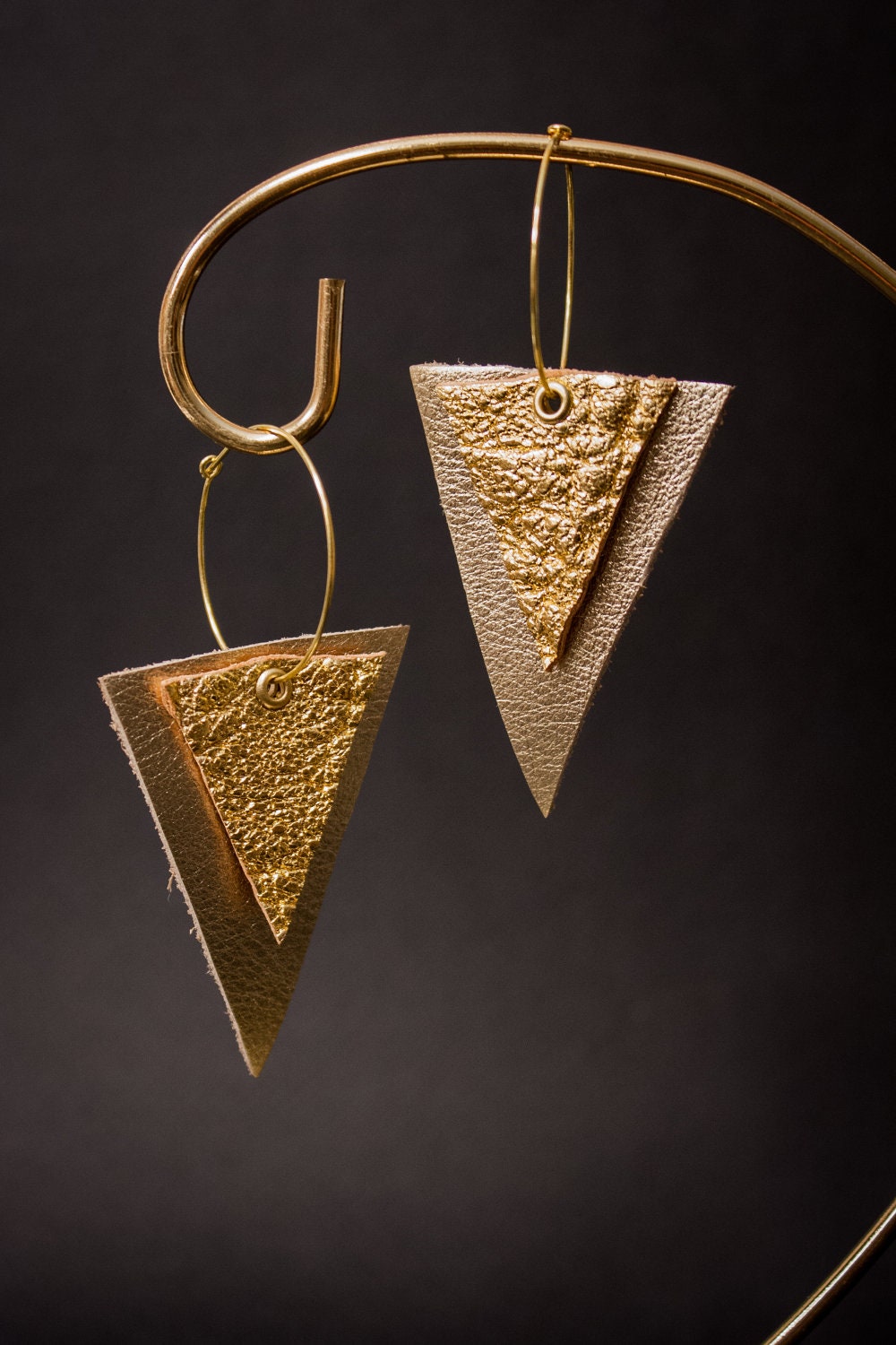 Gold Leather Archer Earring, genuine leather, hoop earring, arrow, triangle, spike, champagne, neutral